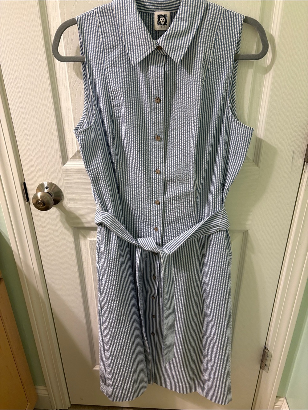 Sleeveless Seersucker Midi Shirt Dress with Tie Belt in Light Blue Stripe